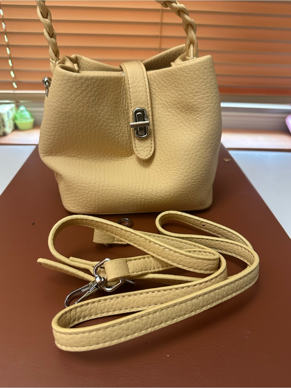 Yellow Leather Mini Bucket Bag with Braided Handle